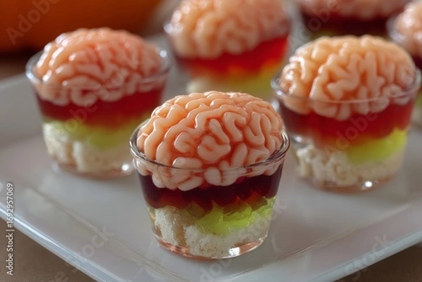 Fototapeta Zombie Brain Shots in colorful gelatinous dessert cups, layered drink with jelly. Concept of Zombie Brain Shots, fun treat for Halloween or themed parties.