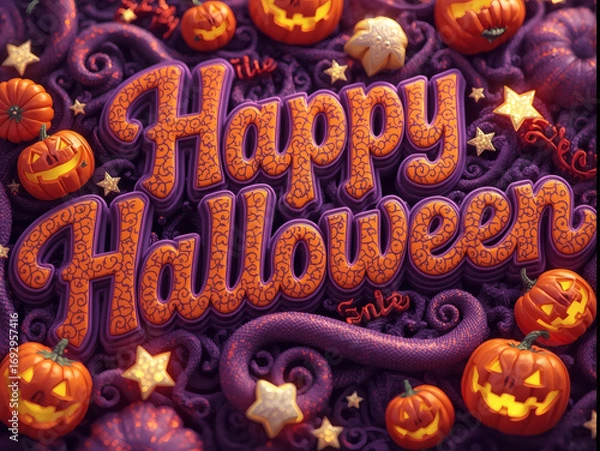 Fototapeta Vibrant Retro Halloween Typography in Orange and Purple with Funky 3D Text and Stars