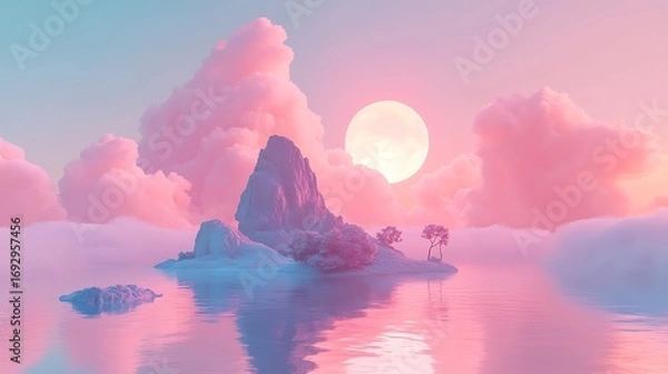 Fototapeta Pastel dreamscape with a mountain island and glowing moon captured in this photo