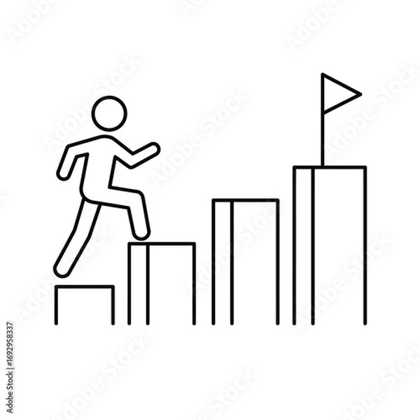 Fototapeta Person climbing stairs to reach a flag, success concept steps achievement progress growth goal target people icon line art illustration