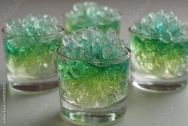Fototapeta Three small glasses of Zombie Brain Shots, filled with vibrant layered drink with jelly and translucent bubbles. Concept of Zombie Brain Shots, highlighting colorful bubbles and dreamy appeal.