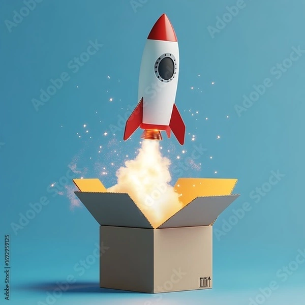 Fototapeta Rocket ship launching from a cardboard box representing innovative new ideas concept photo