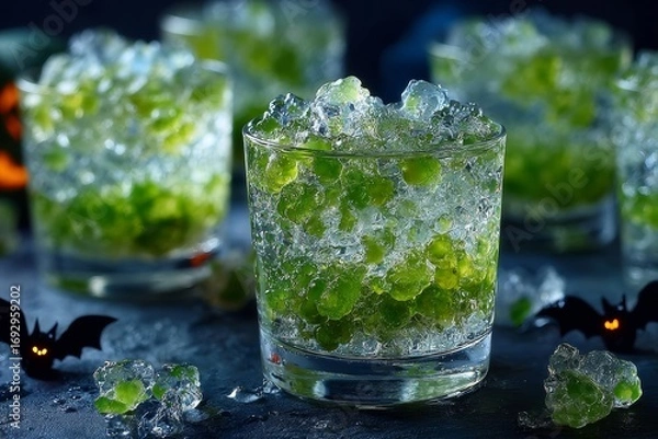 Fototapeta Zombie Brain Shots with layered drink with jelly, garnished with spooky effects. Concept of dark atmosphere featuring Zombie Brain Shots, evoking mystery and excitement.