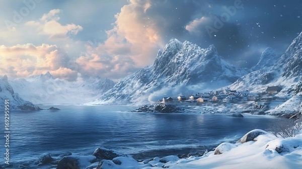 Fototapeta Scenic photo of a coastal village nestled beneath snowy mountains and a dramatic cloudy sky