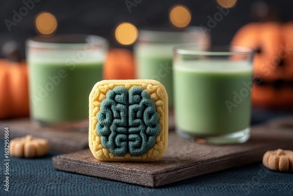 Fototapeta Zombie Brain Shots with layered drink with jelly on wooden surface. Concept of creativity and fun in food styling featuring Zombie Brain Shots with striking visuals.