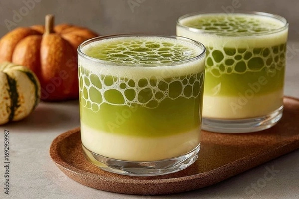 Fototapeta Zombie Brain Shots served in glasses with honeycomb pattern, vibrant layered drink with jelly, cozy kitchen setting. Concept of Zombie Brain Shots highlights fun, festive atmosphere.