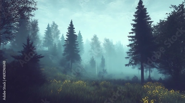 Fototapeta Serene and atmospheric woodland scene portraying a misty forest landscape with soft focus photo