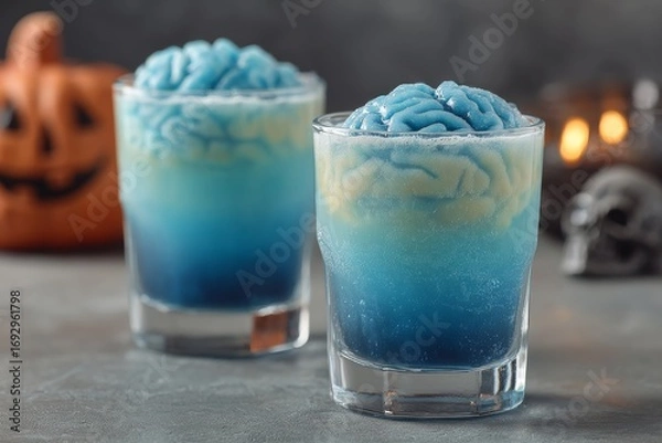 Fototapeta Two glasses filled with layered Zombie Brain Shots, one blue, one yellow, on gray surface. Concept of spooky atmosphere with candles, pumpkin, emphasizing Zombie Brain Shots.