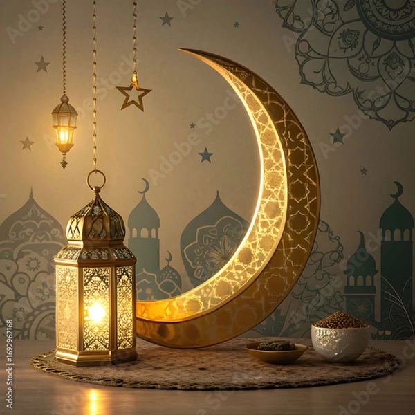 Fototapeta golden crescent moon with lantern glowing ramadan