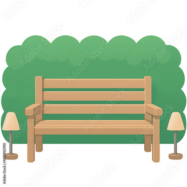 Fototapeta Serene wooden park bench adorned with subtle lighting, nestled against a lush green hedge backdrop