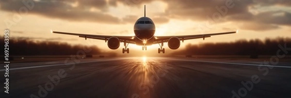 Obraz Wide cinematic shot of airplane takeoff with digital overlay text sustainable aviation fuel SAF, glowing eco-friendly graphics.