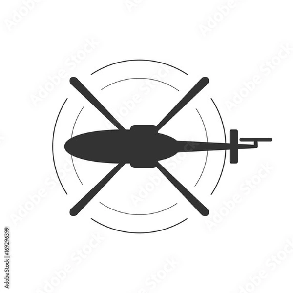 Obraz Black isolated silhouette of helicopter on white background. Icon of above view of helicopter.