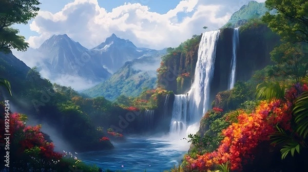Fototapeta Serene photo of a majestic waterfall flowing through lush greenery under a bright blue sky