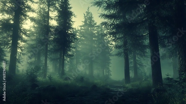 Fototapeta Serene view of a misty forest illuminated by sunlight in a dreamlike photo
