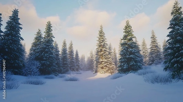 Fototapeta Serene winter forest scene with snow covered evergreen trees and beautiful sunlight photo