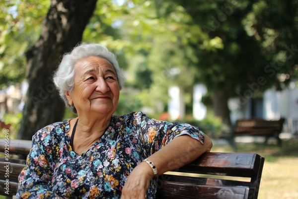 Fototapeta Grey hair senior lady seated on a bench in a parc, with a  serene expression, on a summer day