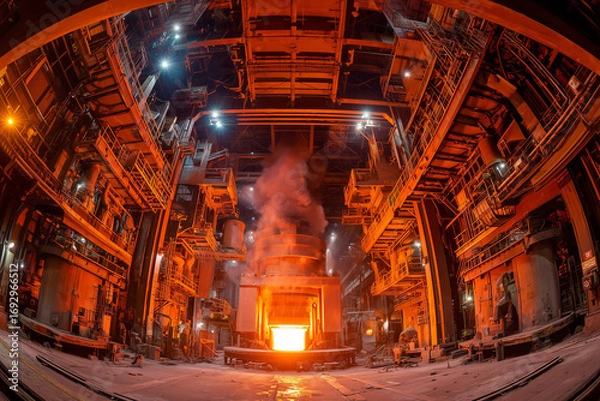 Fototapeta workers operate near glowing furnace in steel foundry filled with heavy machinery and smoke