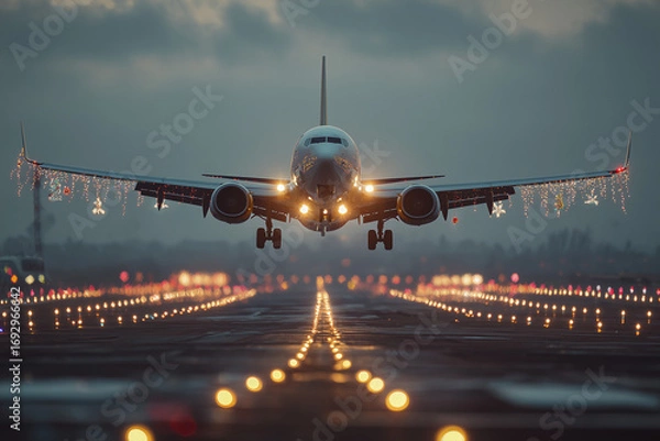 Fototapeta Airplane with winter holiday lights decorations taking off/landing on a lit runway, cloudy winter sky in the backdrop 