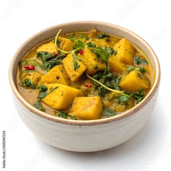 Obraz Traditional methi aloo curry featuring fresh fenugreek leaves and tender potatoes cooked with spices,