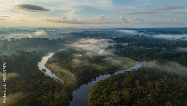 Obraz A beautiful aerial view of a winding river in the Amazon rainforest. The dense jungle is partially covered in a morning mist, creating a serene and mystical atmosphere. 