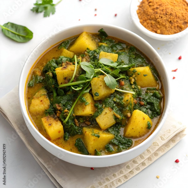 Obraz Traditional methi aloo curry featuring fresh fenugreek leaves and tender potatoes cooked with spices,