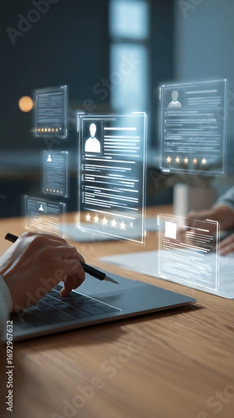 Fototapeta Person reviewing digital resumes on laptop with holographic interface image