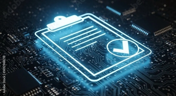 Fototapeta Digital Compliance Checklist Icon Glowing on Circuit Board Technology Audit Concept