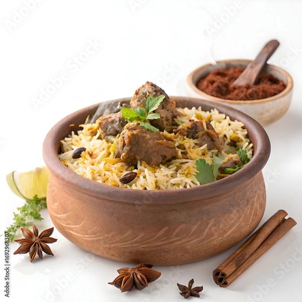 Obraz Aromatic mutton biryani served in a traditional handi, featuring spiced basmati rice layered with tender mutton pieces,