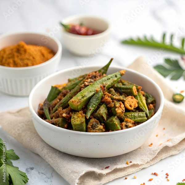 Obraz Crispy okra fry served in a bowl, seasoned with Indian spices, sauted to golden perfection,