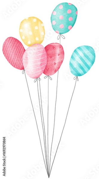 Fototapeta Colored balloons on a string. Watercolor illustration.
