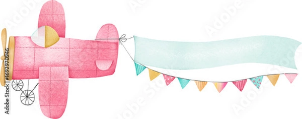 Fototapeta Cute watercolor airplane with a developing transponder.