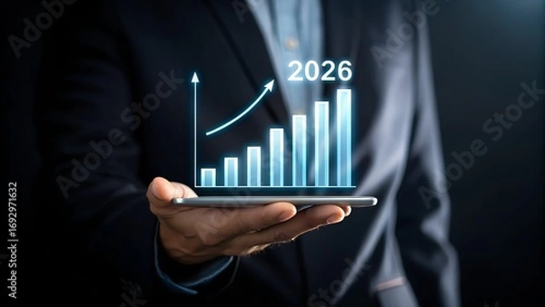 Fototapeta Business professional holding a tablet with a growing financial graph projected onto it, indicating growth in 2026.