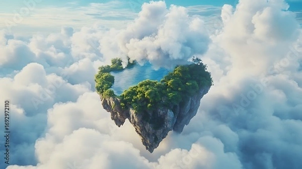 Fototapeta Surreal floating island with a serene lake and vibrant green foliage amidst fluffy clouds photo