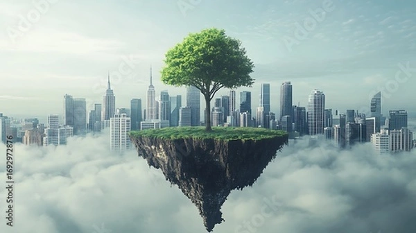 Fototapeta Surreal illustration of a tree and a city floating above the clouds in a dramatic photo