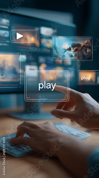 Fototapeta Person using computer selecting video content on screen selection play button