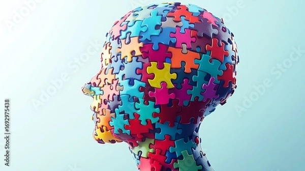 Fototapeta The human head silhouette created from colorful jigsaw puzzle pieces in a conceptual photo