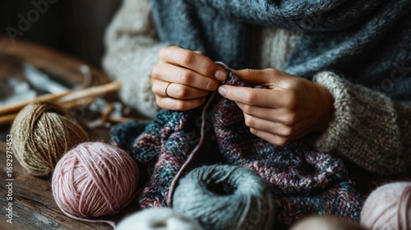 Obraz Handmade Knitting Project with Yarn and Needles on Cozy Background