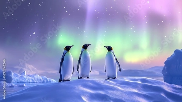 Fototapeta Three king penguins observing the aurora borealis displaying in the starry night sky photo