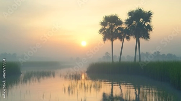 Fototapeta Tranquil sunrise over the serene wetlands with palm trees and reflecting water photo