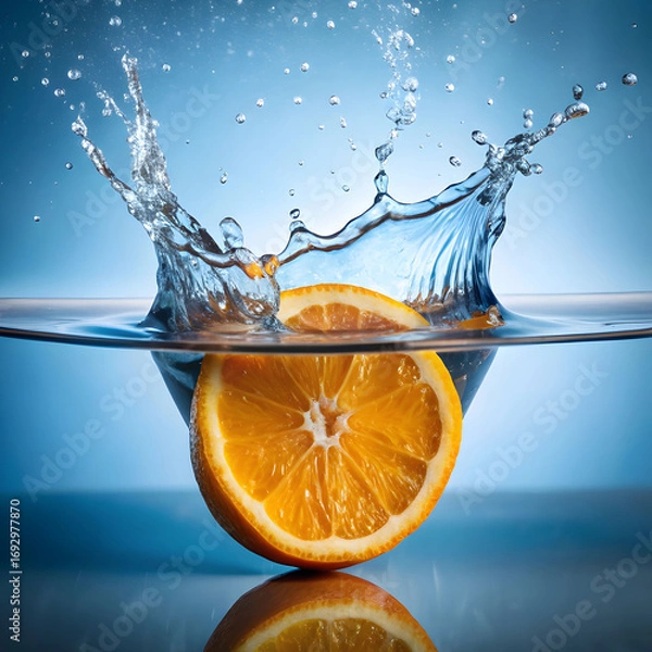 Fototapeta orange slice dropping into clear water splash
