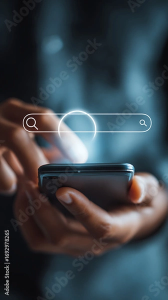 Fototapeta Person using smartphone with glowing search bar and magnifying glass icon mobile phone hand