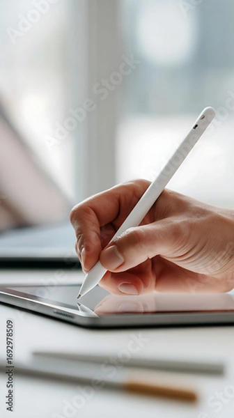 Fototapeta Person using stylus on digital tablet with laptop in background hand drawing