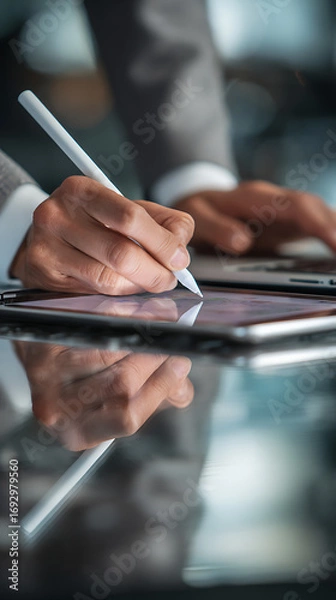 Fototapeta Person using stylus on tablet with laptop in background hand