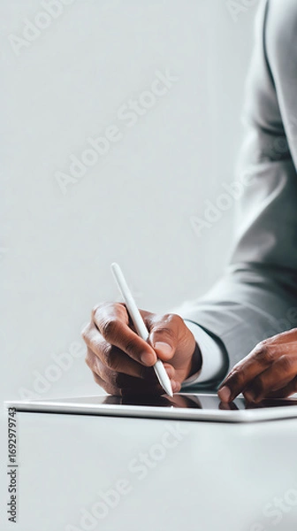 Fototapeta Person wearing a suit using a stylus on a tablet device hand technology