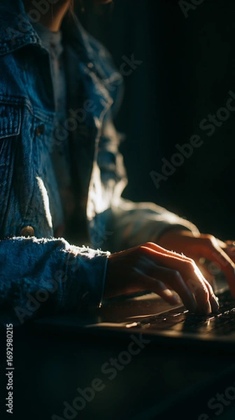 Fototapeta Person wearing denim jacket typing on laptop keyboard with dramatic lighting image