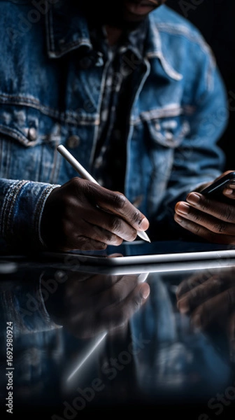 Fototapeta Person wearing denim jacket using stylus and phone tablet