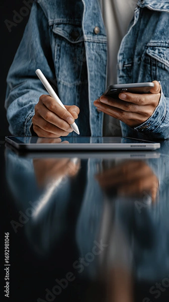 Fototapeta Person wearing denim jacket using stylus on tablet and holding smartphone image