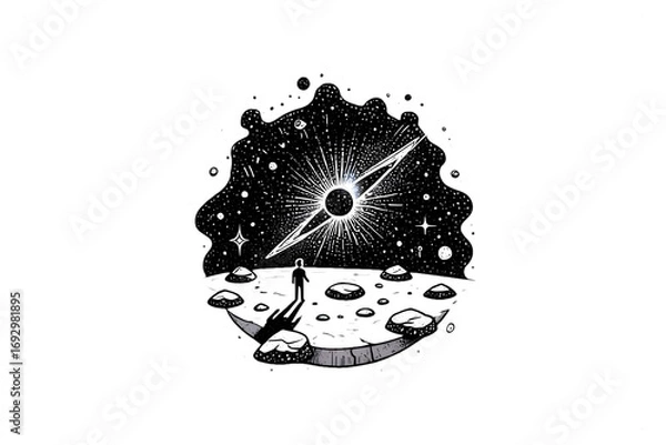 Fototapeta A lone astronaut contemplates a distant black hole on an alien planet isolated on transparent background