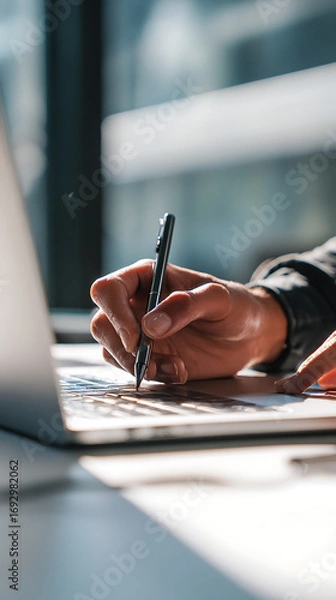 Fototapeta Person writing with pen on laptop keyboard with sunlight hand