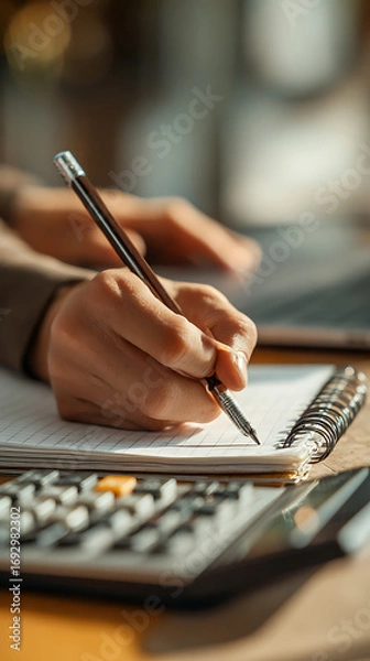 Fototapeta Person writing with pencil on notebook near calculator and laptop image